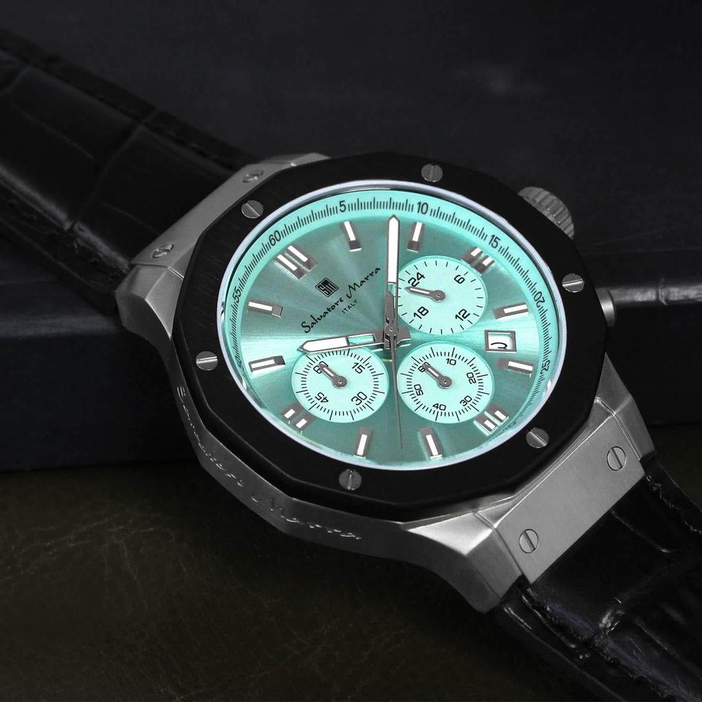 Хронограф 10 ATM водонепроницаемый кожаный ремешок Business 20th Anniversary Limited Model Ice Blue Black [Salvatore Mara] мужские SM18117-SSIBL