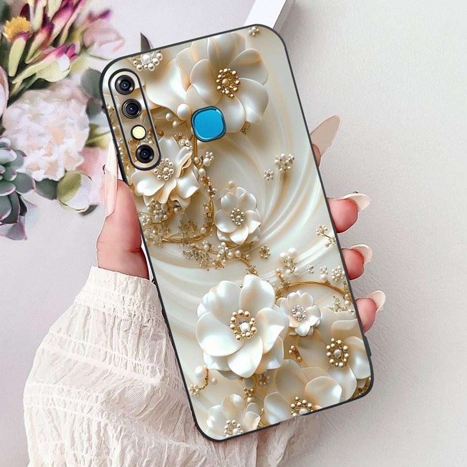 For Infinix Hot 8 Phone Case Hot 8 Lite Hot8 X650 X650C X650B X650D Elegant Floral Cat Pattern Black Silicone Soft TPU Cases