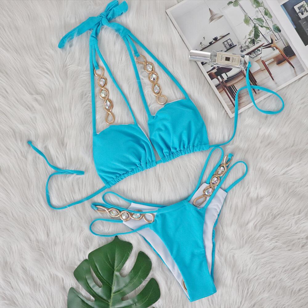 Купальник бикини с кристаллами и бриллиантами, бандажный купальник с вырезом и разрезом