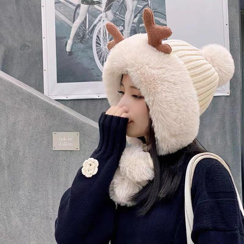 Winter hat female cute antlers hairball ear protectors plush hat Christmas thickened Northeast Lei Feng hat cycling hat