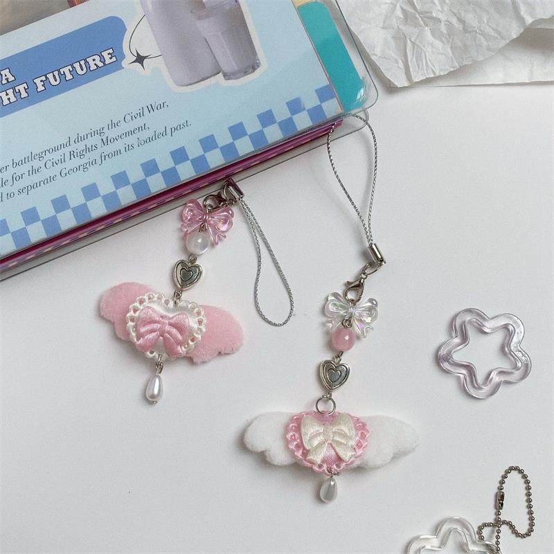 Милые Сладкие Крылья Ангела Бантик Ремешок для Телефона Брелок Подвески Защита от Потери Цепочка для Телефона Украшения для Сумки Девичий Шарм для Телефона Подарки