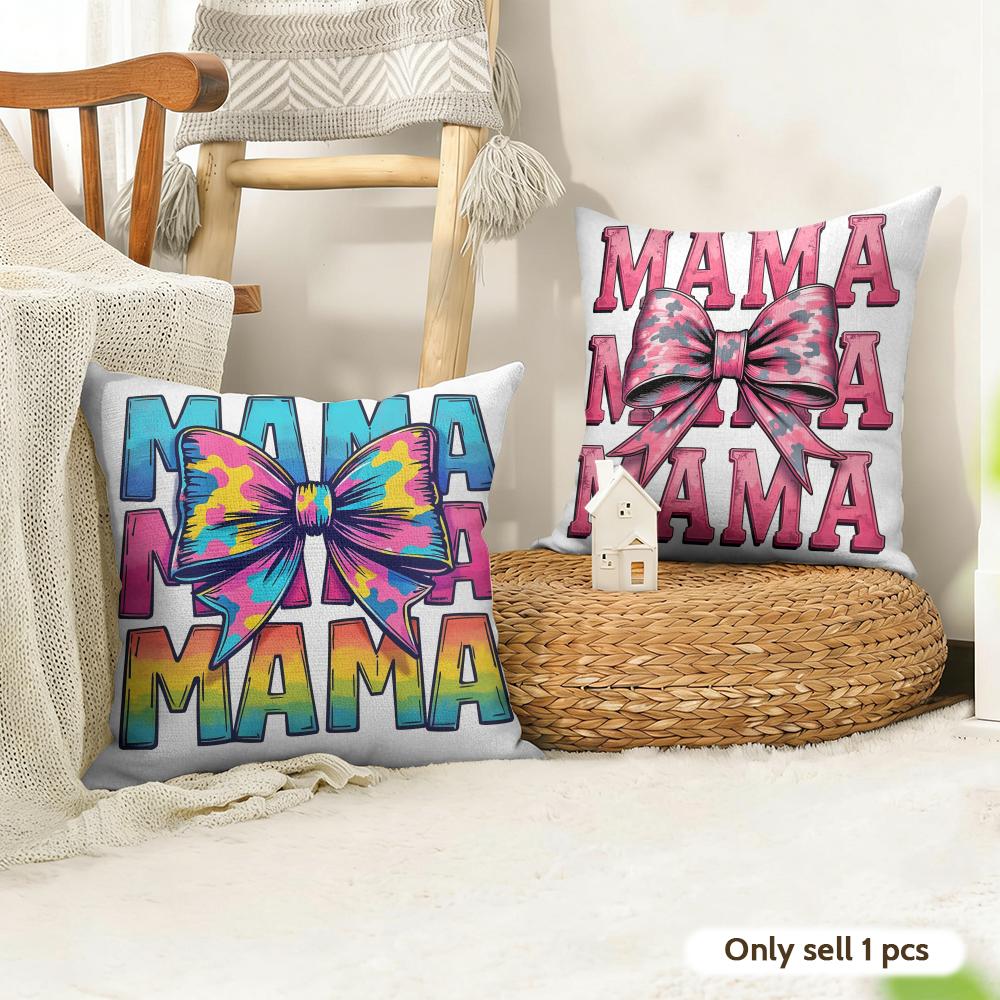 Leopard print with bow mama Cushion Cover Natural Linen Organic Fabric DoubleSided Printing Couch Pillow Covers Home Decor