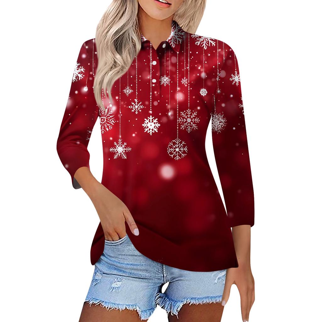 Women's Fashion Casual Lapel Short 3/4 Sleeve Christmas Print Shirt Women's Button Up Tops
