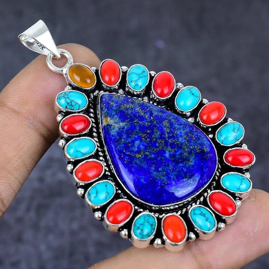 Натуральный Лазурит, Бирюза 925 Пробы Серебро Ювелирный Кулон 2,64" ETC-13782