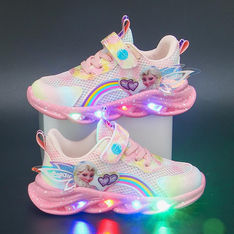 Girls' shoes with lights2026Spring and Autumn New Mesh Breathable Children's Sports Shoes Soft Sole Lightweight Princess Shoes