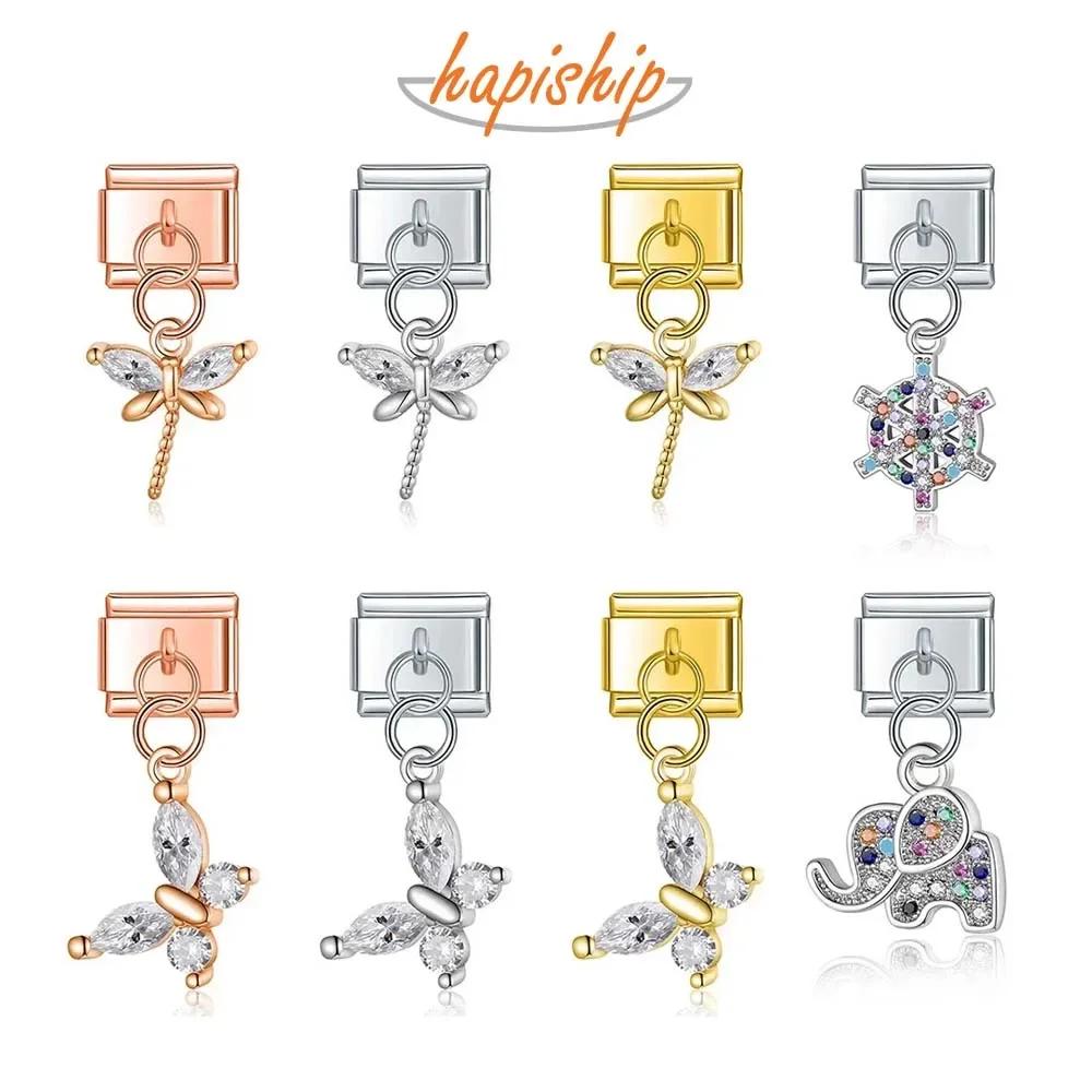 Hapiship New Fashion Colour CZ Elephant Dragonfly Charm Italian Link Fit DIY 9mm Stainless Steel Bracelet DIY Jewelry DJ600