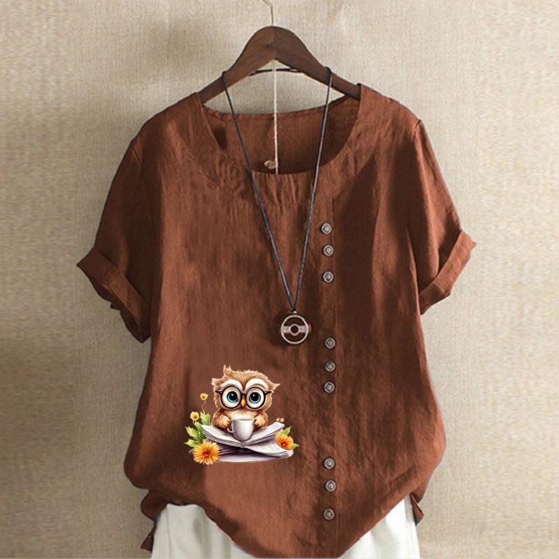 Women's Fashion Owl Reading Prined Short Sleeve T-shirt Loose Cotton Shirt Casual Loose Summer Blouse Tops Plus Size