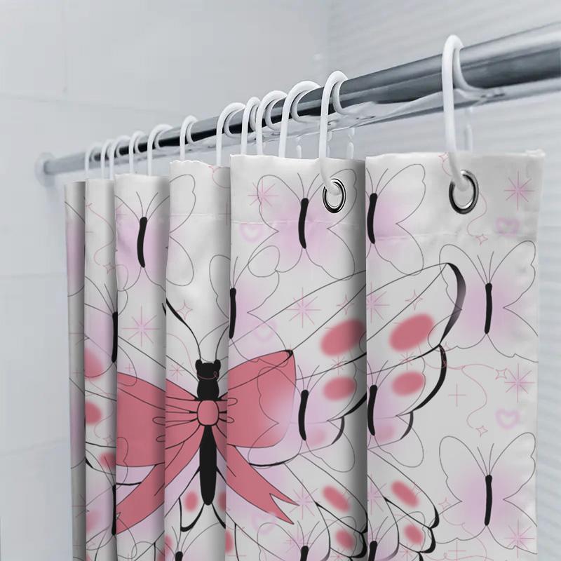 Pink Butterfly Shower Curtain with Black Outline Pattern for Bathroom Decor Waterproof Fabric, Flower Design Home Bath Accessori