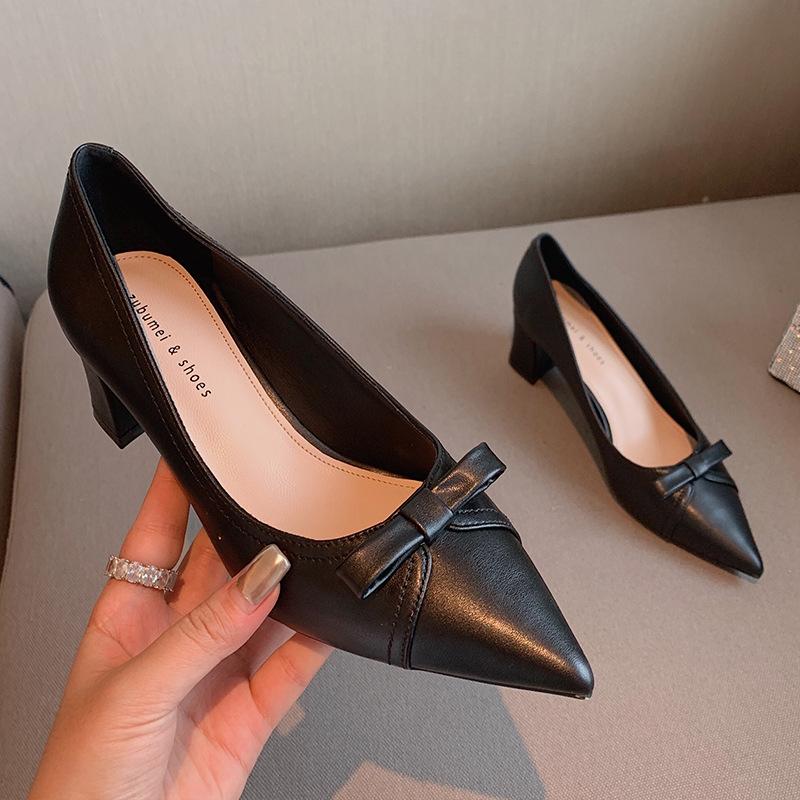 Туфли на высоком каблуке с острым носком, женские туфли с неглубоким носком и толстым бантом, женская корейская версия профессиональной рабочей женской пригородной обуви