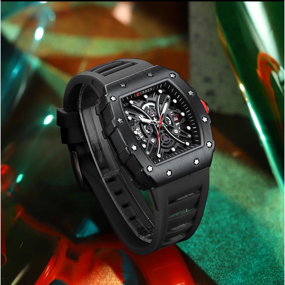 Curren 8438 Роскошные Мужские Кварцевые Наручные Часы с Силиконовым Ремешком, Водонепроницаемые, Квадратные, Спортивные, С Функцией Календаря