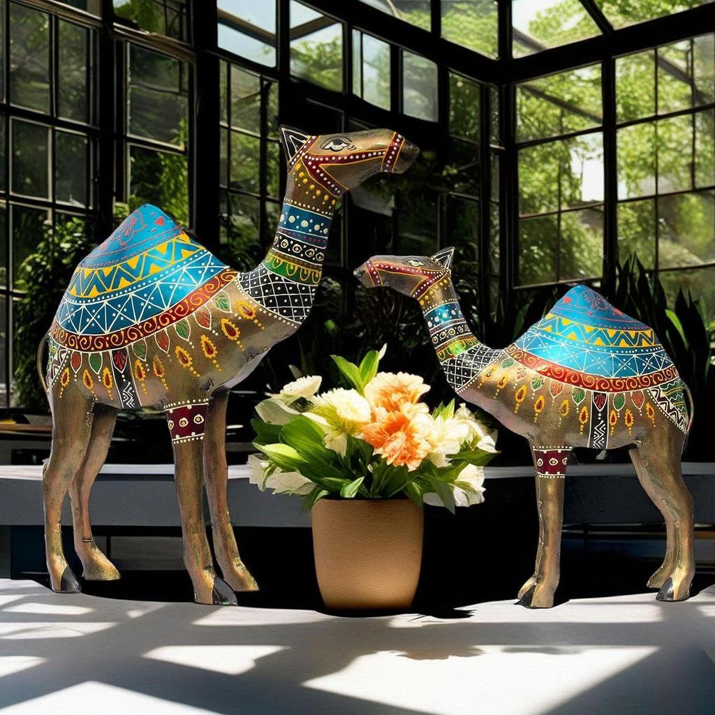 Королевские Раджастанские Кованые Железные Статуэтки Верблюдов - Набор из 2 штук | Расписанный вручную Яркий Декор | Идеально для Праздничных, Свадебных, Корпоративных Подарков (Верблюды)