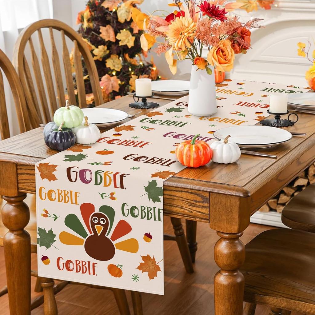Bonhause Gobble Turkey Thanksgiving Table Runner 13x72 Inch Fall Autumn Maple Leaves Harvest Kitchen Dinning Table Decoration for Indoor Outdoor Home