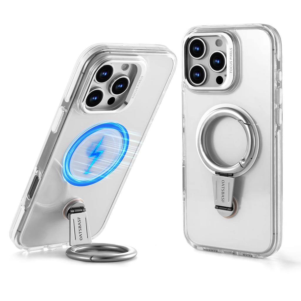 Oatsbasf for iPhone 16 15 Pro Max Phone Case with Magsafe 360°Rotatable Magnetic Ring Stand Transparent Bumper Protective Cover