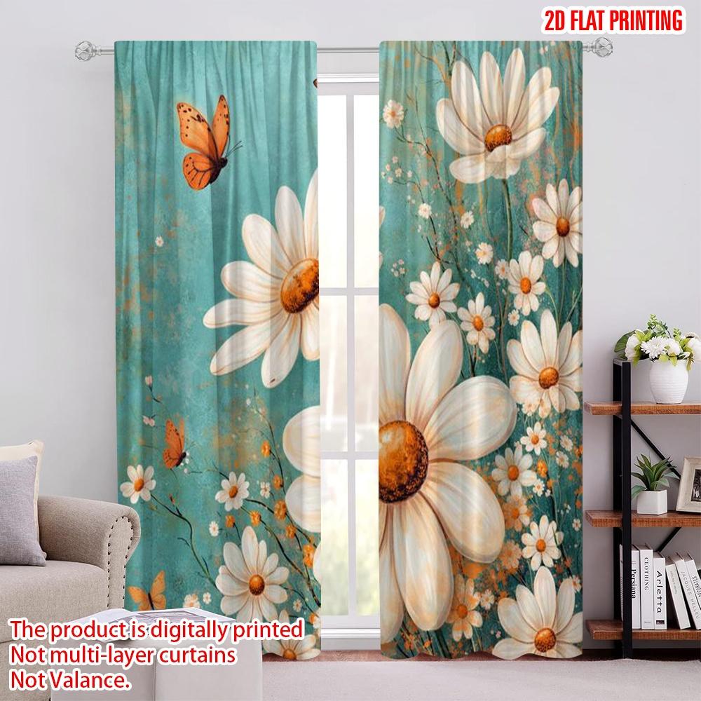 2D flat printing 2pcs Curtain Party Window Curtains Spring Daisies and Butterflies Digital Printed Polyester Drapes Birthday