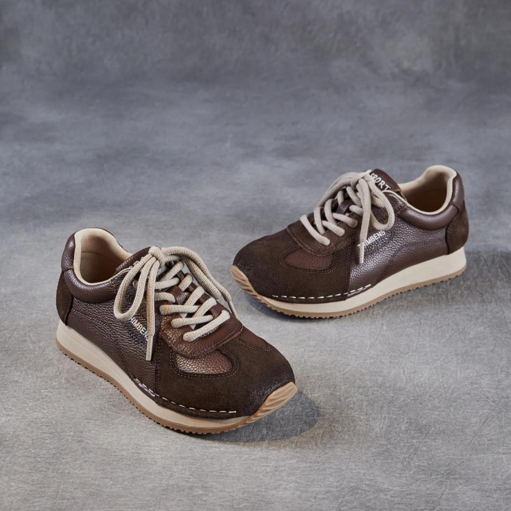 Johnature Genuine Leather Lace Up Women's Sports Shoes Retro Soft Sole Comfortable And Lightweight Sneakers