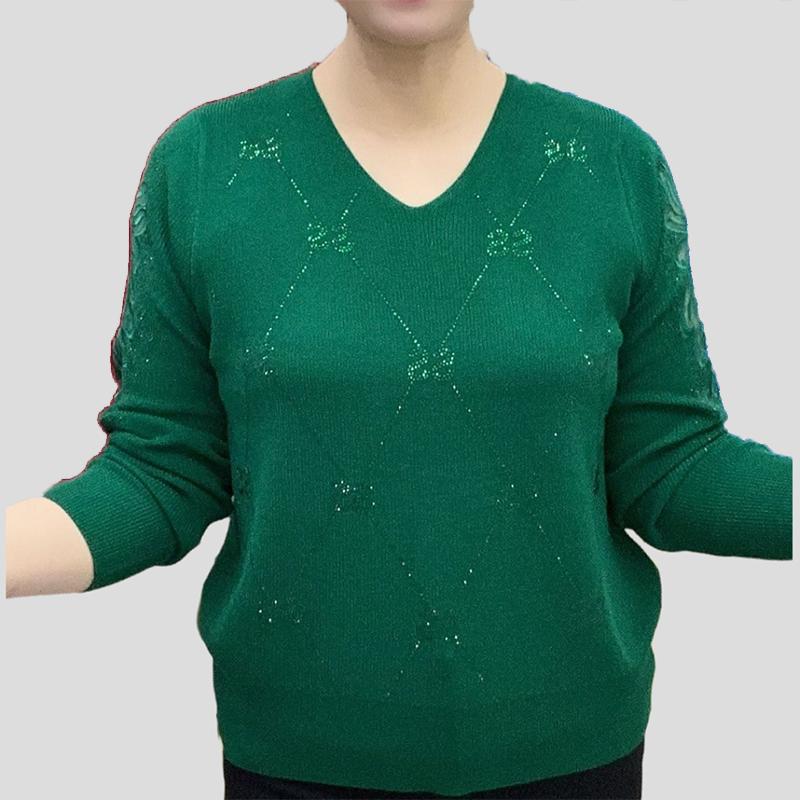 Весенне-осенний женский свитер с V-образным вырезом, свободного кроя, со стразами, ажурный вязаный пуловер