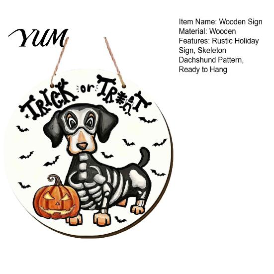 Indoor Halloween Wall Art Dachshund Hanging Sign, Spooky Skeleton Dog Trick or Treat Wooden Festive Seasonal Door Hanger with Pumpkin Bat Pattern,
