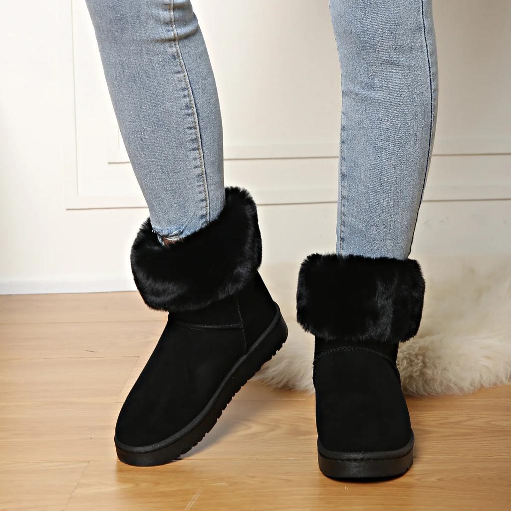 Fashion Platform Ladies Snow Boots Mid Calf Black Female Shoes Half High Chunky Suede Elegant with Low Heels Round Toe Boot Plush Gothic