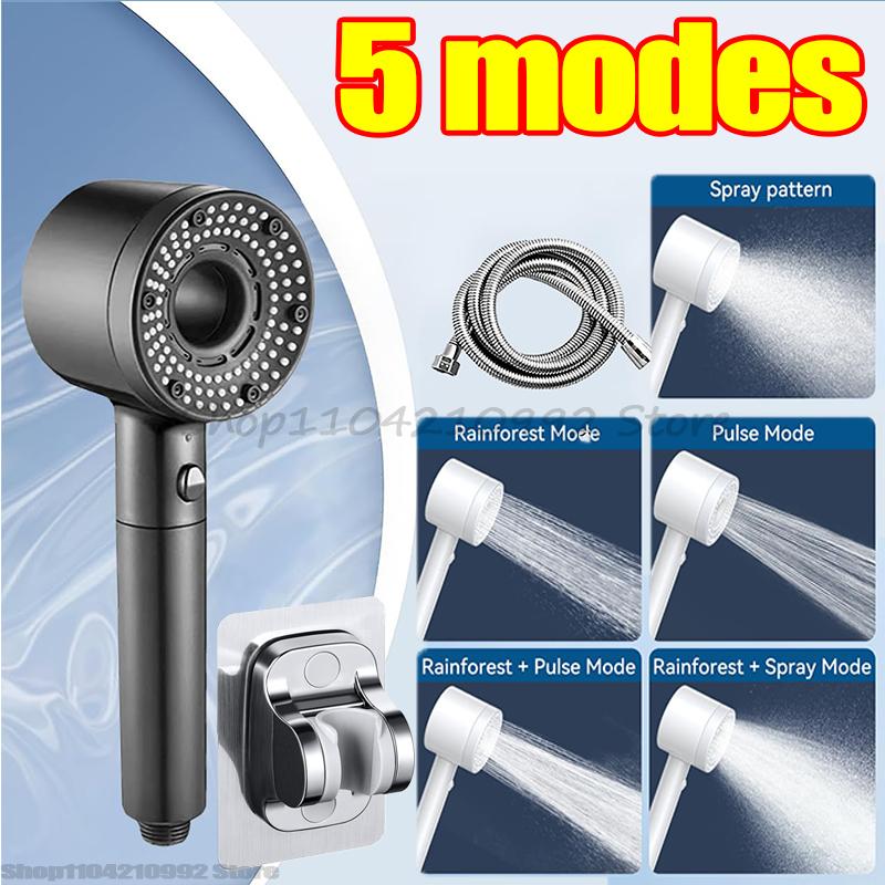 5 Modes High Pressure Shower Head Set Rainfall Handheld Sprayer Nozzle Shower Head with Hose Bracket Bathroom Faucet Accessories