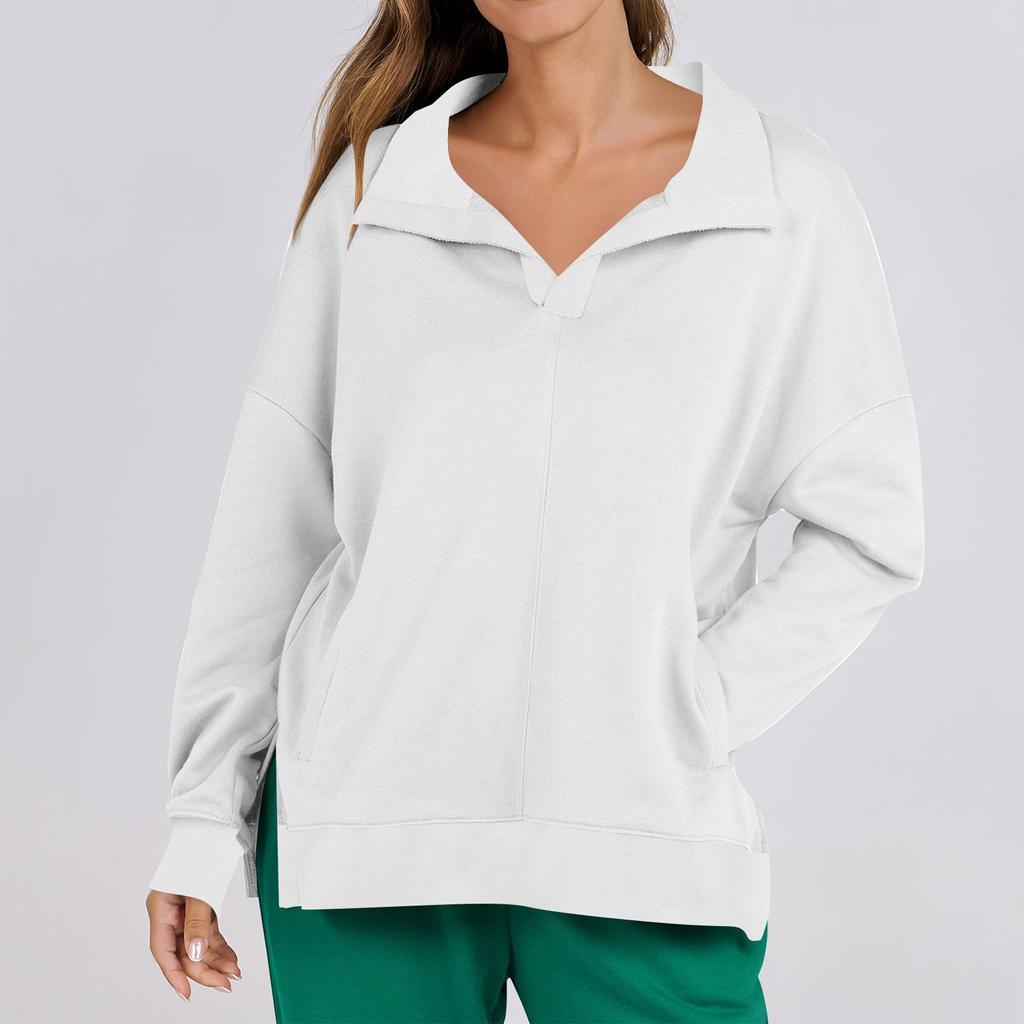 Женская мода повседневная однотонная толстовка с V-образным вырезом и карманом, с длинным рукавом