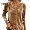 Casual Velvet Shirt Fall Women Shirt, Button Down Long Sleeves Top, Regular Fit Ladies Clothing Solid Color Loose Blouse for Daily Wear Work