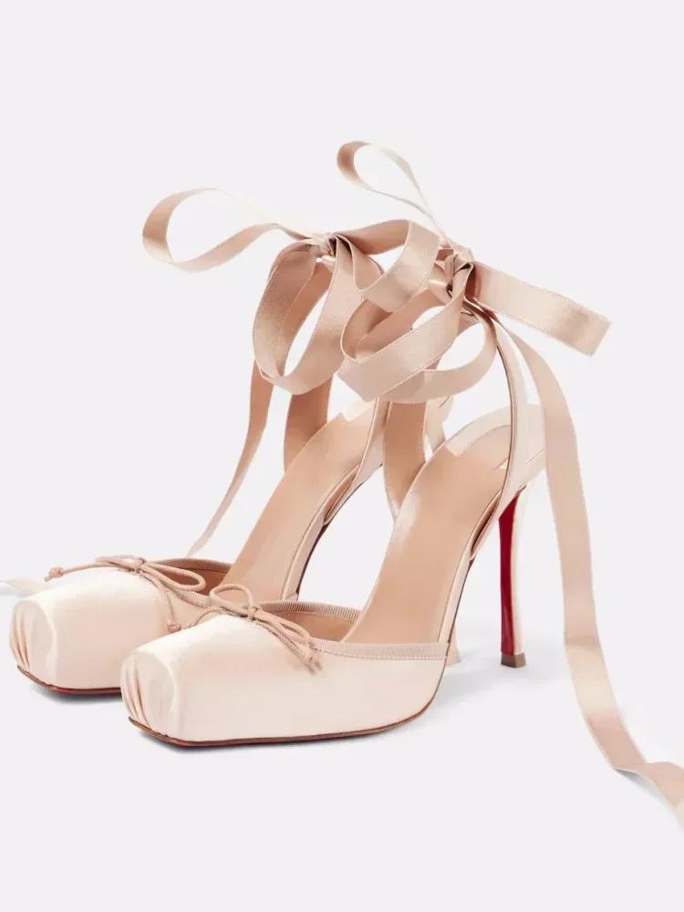 Новые летние женские босоножки на высоком каблуке из квадратного атласа с ремешками на щиколотке, модные туфли на высоком каблуке для вечеринок и банкетов