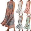 Ayollar yozgi kundalik moda retro bosmali yengsiz dumaloq yoqali cho'ntakli ko'ylak