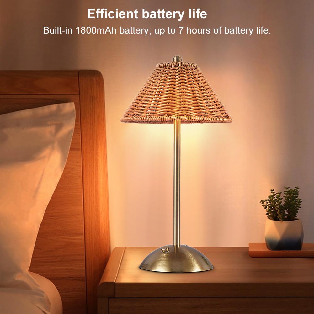 Cordless LED Table Lamp 3 Color Stepless Dimmable Retro Rattan Touch Lamp Bedside Night Lamp For Indoor/Outdoor Use Home Bedroom