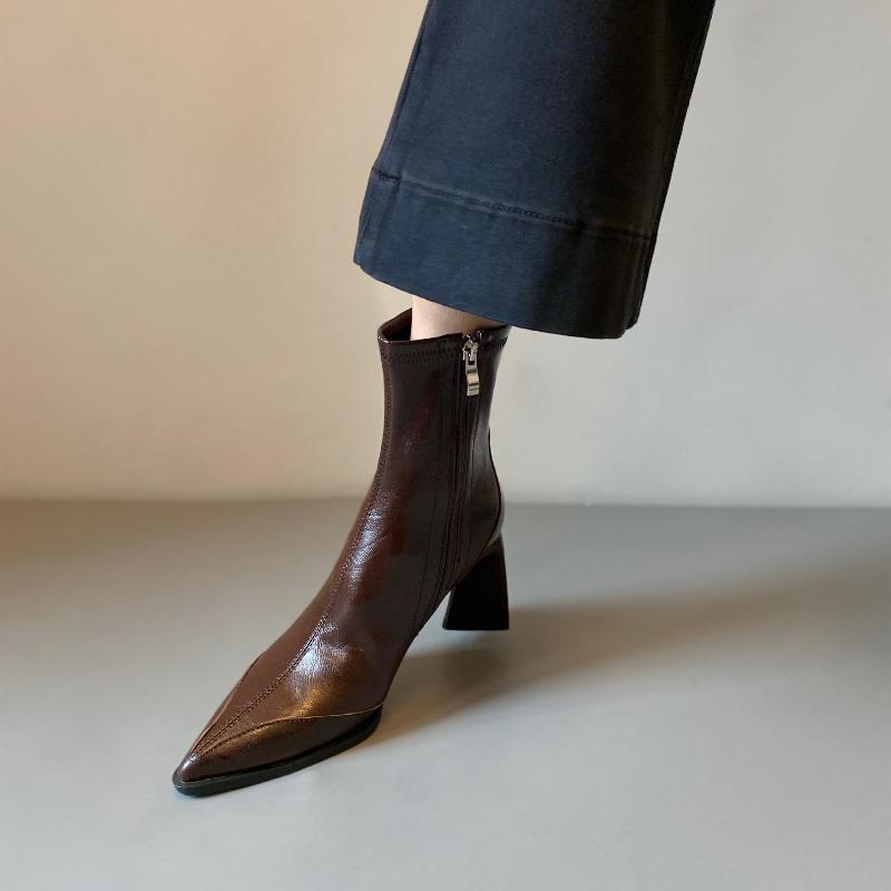 Pointed Soft Leather Thin Boots High Heel Thin Short Boots Women's Side Zipper Leather Temperament Boots Winter