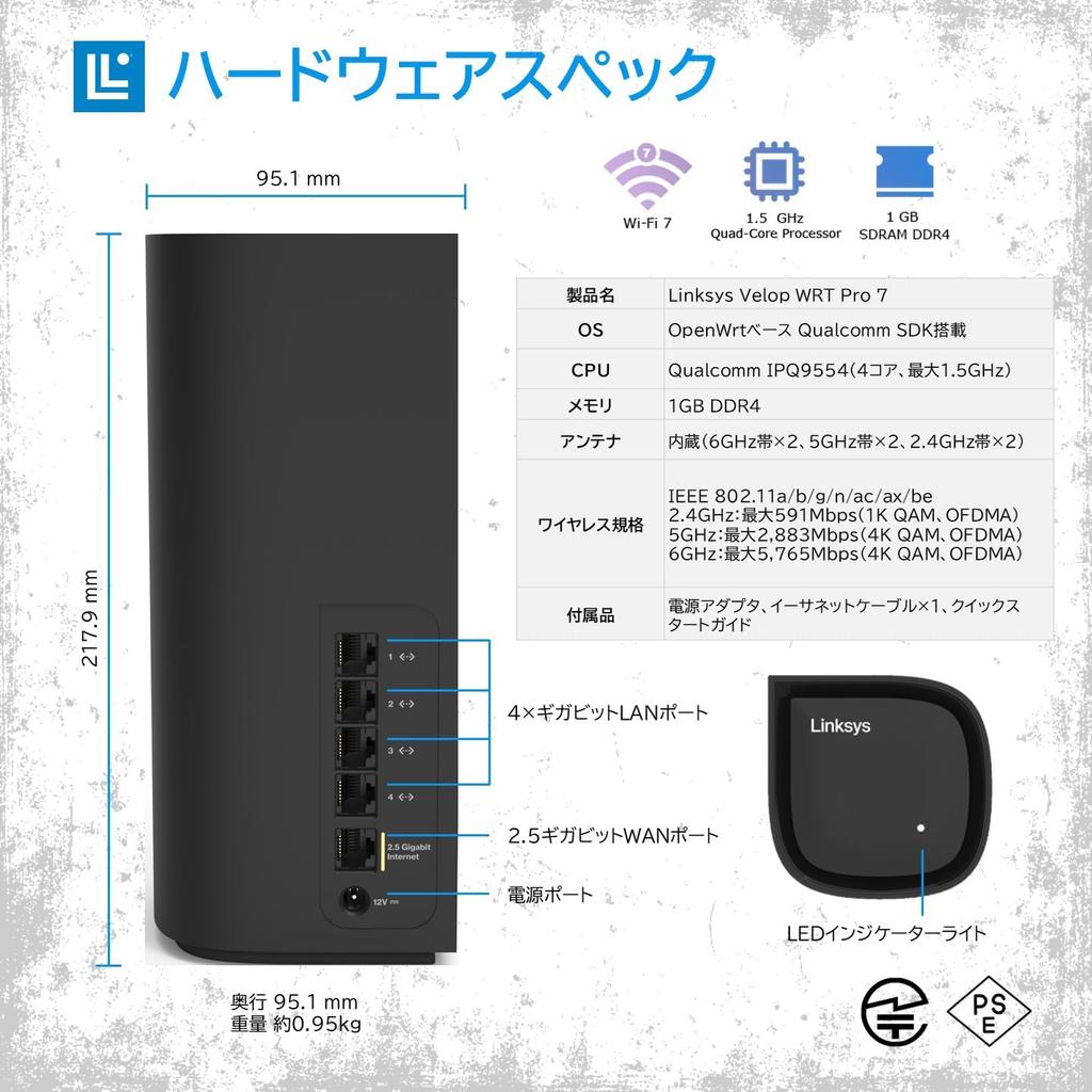 Linksys Velop WRT Pro 7 Домашний и Бизнес-маршрутизатор WiFi 7 Трехдиапазонный на базе OpenWrt с поддержкой QSDK LN6001-JP NT1516