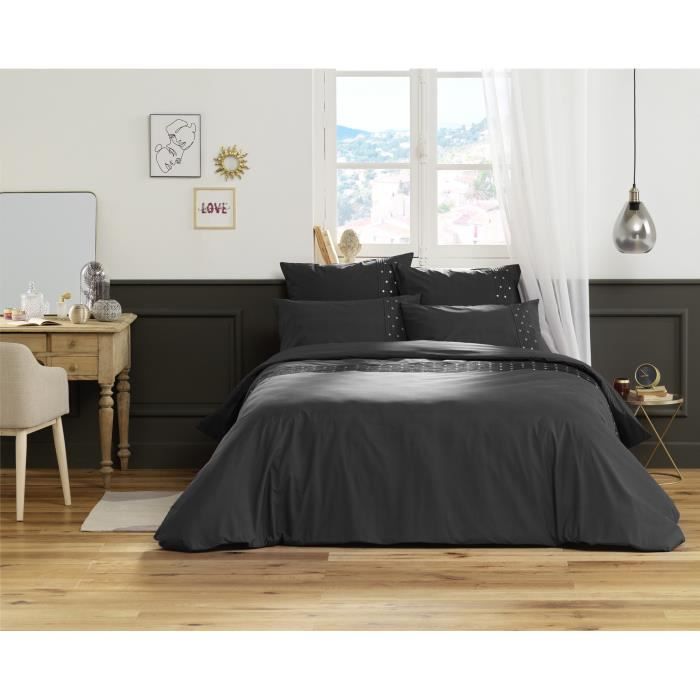 Housse de couette - Agathe - Poivre anthracite - 220x240cm - Coton - Pois brodés