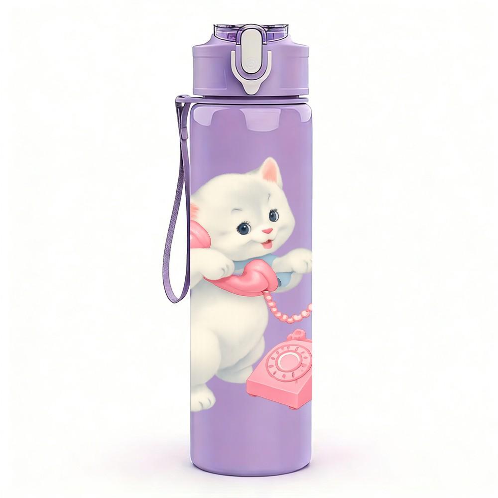 1PC White Kitten With Pink Bag 750ml Color Plastic Sports Water Bottle Leakproof Flip Straw Lid Suitable for Sports Office Home Use