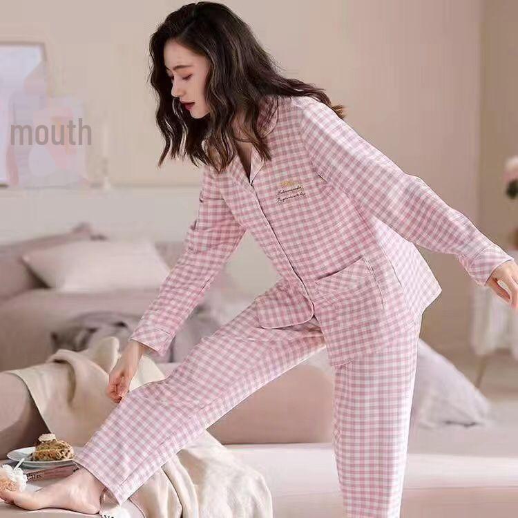 Women's Pure Cotton Pajamas Set: Loose, Long-Sleeve, Solid Color, Ideal for Spring, Autumn, and Winter, Wearable Outside, Large Sizes Available.