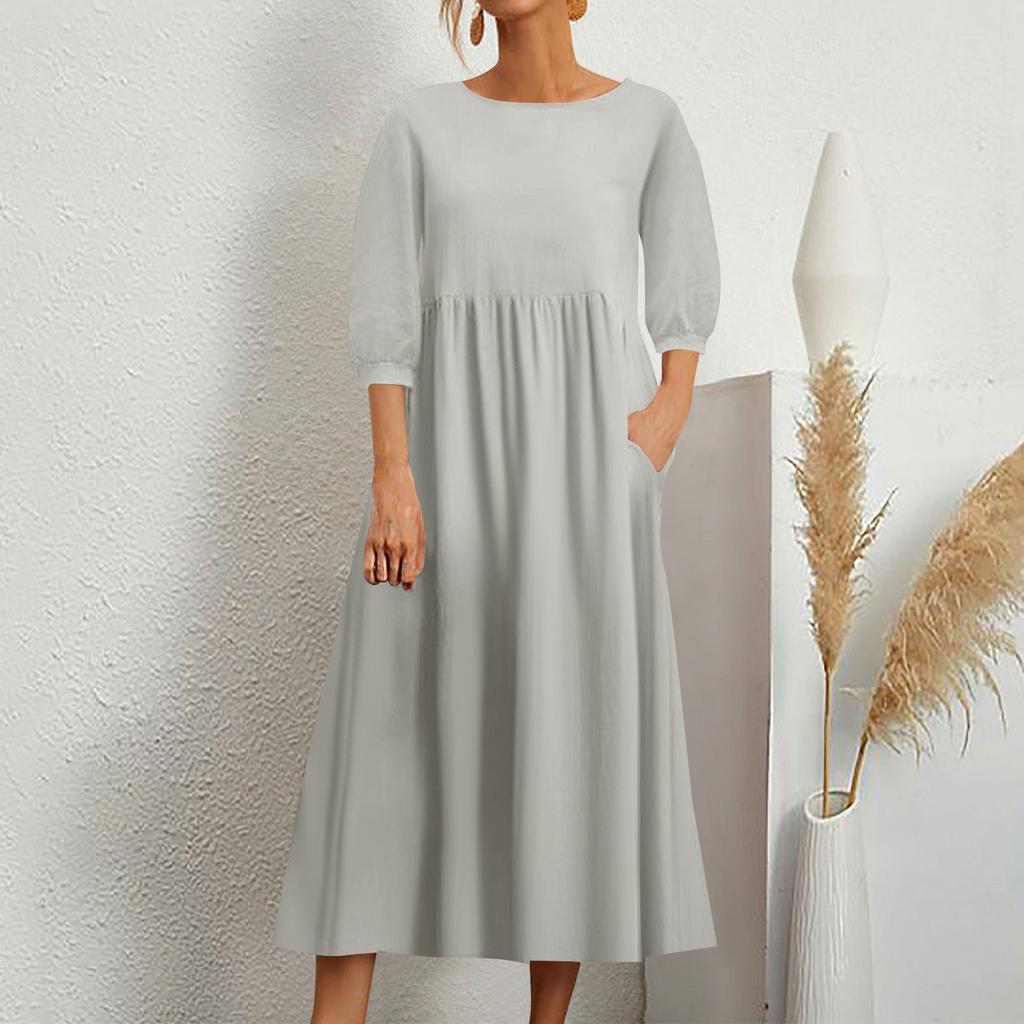 Женское модное однотонное свободное хлопково-льняное длинное платье с карманами и средними рукавами