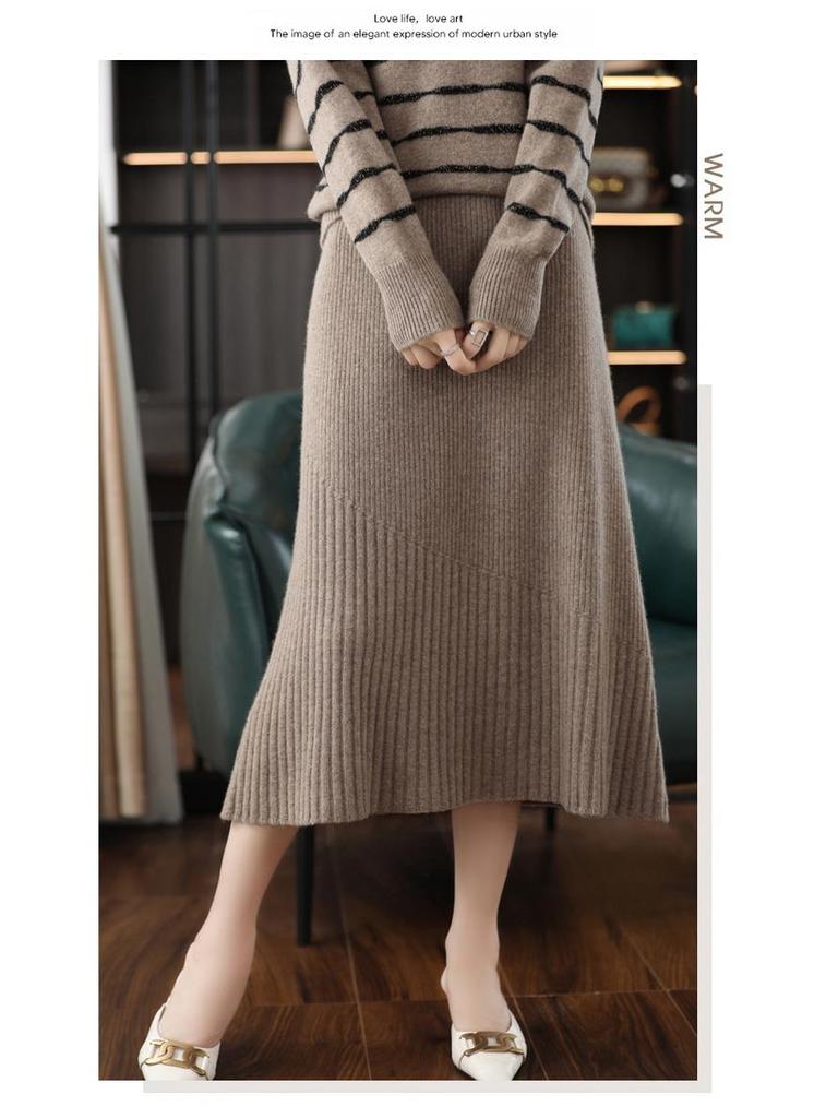 Женская юбка средней длины в полоску из 100% чистой шерсти: Универсальный, утягивающий, с высокой талией, облегающий бедра, длиной до колена, кашемировый трикотаж.