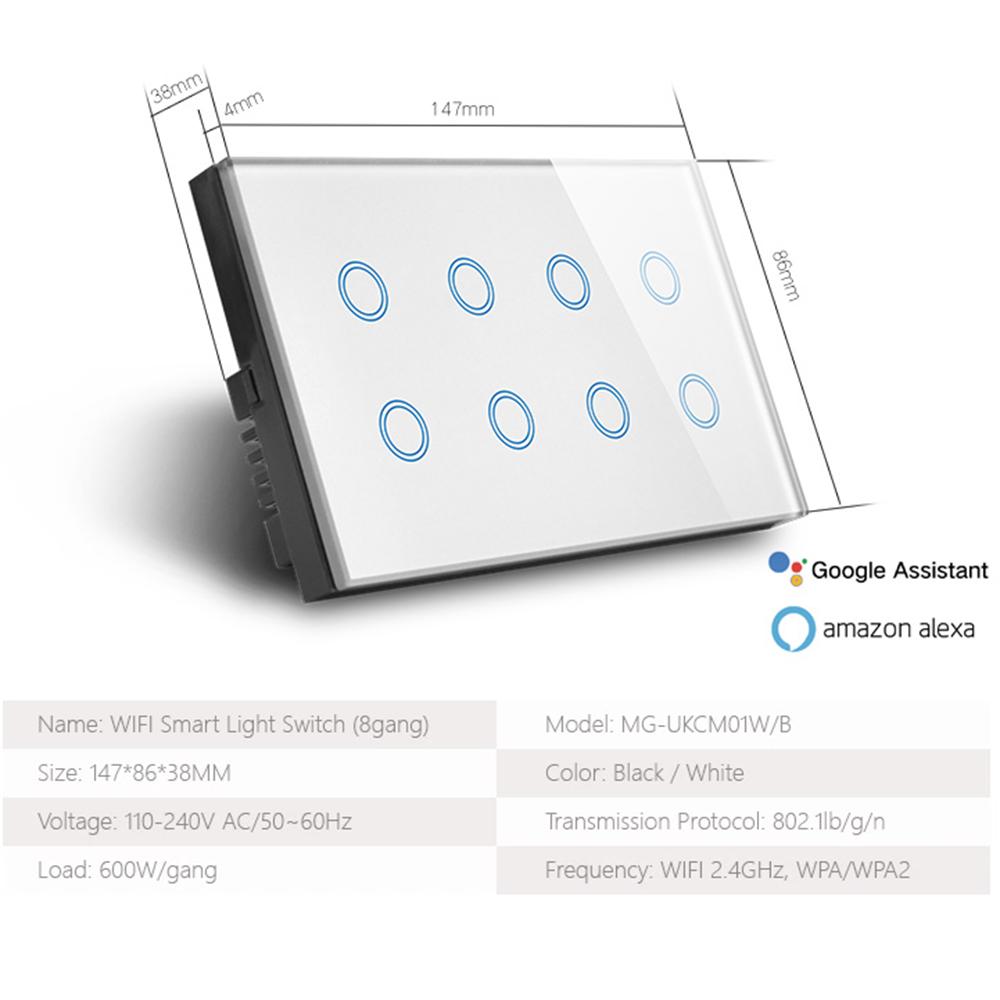 Wifi Smart Touch Light Wall Switch Interruptor Glass Panel 8 Gang 147*86mm Tuya App SmartLife Compatible with Alexa Google Home