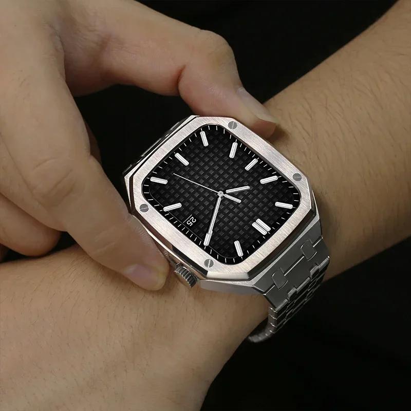 Роскошный комплект модификации из нержавеющей стали для Apple Watch 9 8 7 45мм 41мм Металлический корпус для iWatch 6 5 4 3 SE3 44мм 40мм Набор ремешков