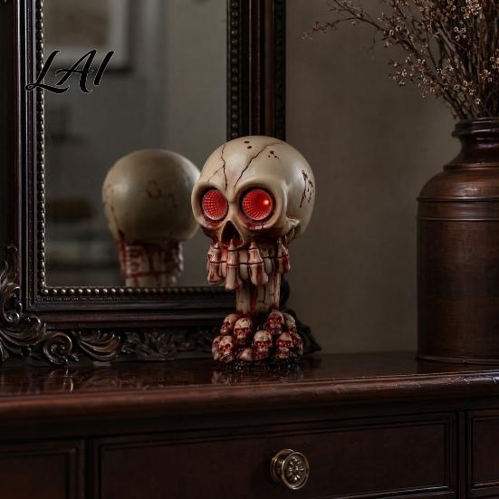 Creepy Skull Decoration Halloween Ornament with Red LED Eyes Horror Light Durable Dark Theme Bar Decor Resin Decoration for Haunted Houses Bars And