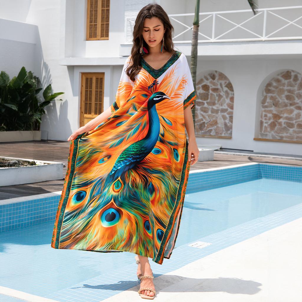 Женская мода лето весна перо принт рукава 1/2 V-образный вырез свободная талия повседневные платья