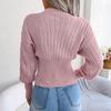 Women Autumn Winter Hollow V Neck Bat Sleeve High Waist Solid Color Pullover Sweater