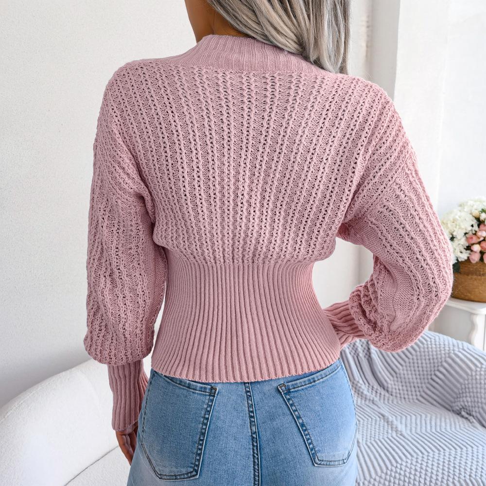 Women Autumn Winter Hollow V Neck Bat Sleeve High Waist Solid Color Pullover Sweater