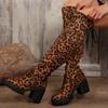 Women's Long Tube Boots Thick Heel Over Knee Elastic Slim Boots Sexy Leopard Print Women Shoes Fashion Round Toe High Boots 2025