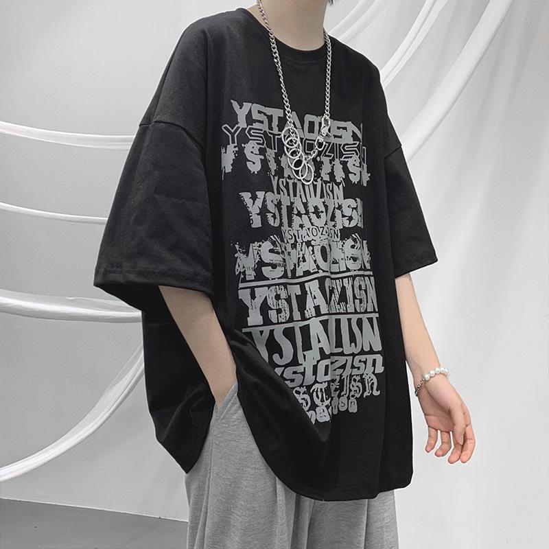 Мужская модная футболка с коротким рукавом в темном стиле с хип-хоп принтом - Свободный крой, Круглый вырез, Летний стиль Гонконг BF