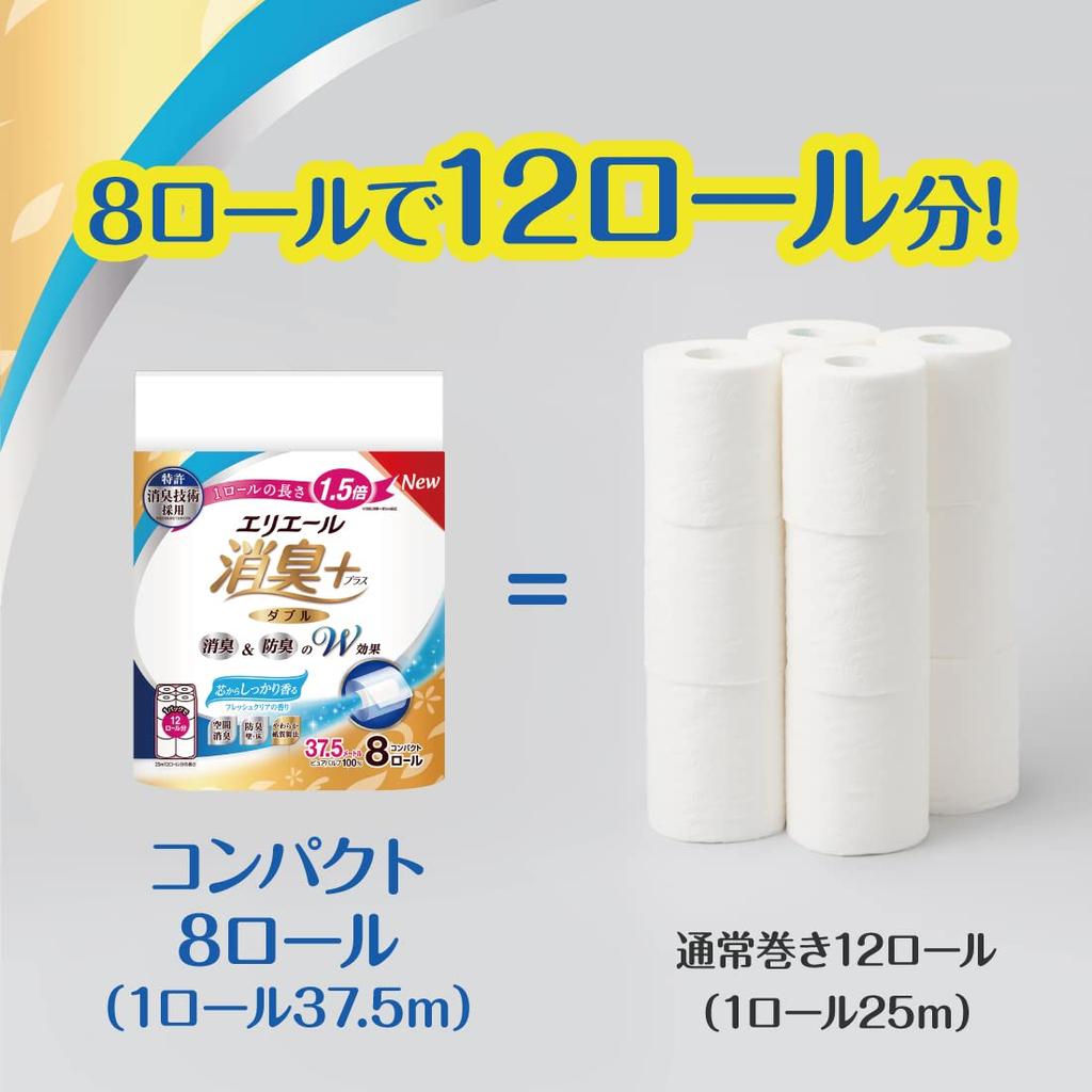 Elleair Toilet Paper Deodorant Plus Roll X 64 Rolls Rolls X 8 Double Pulp Fresh Clear Scent 1.5x 37.5m (8 Packs) 100% [Case Sold]