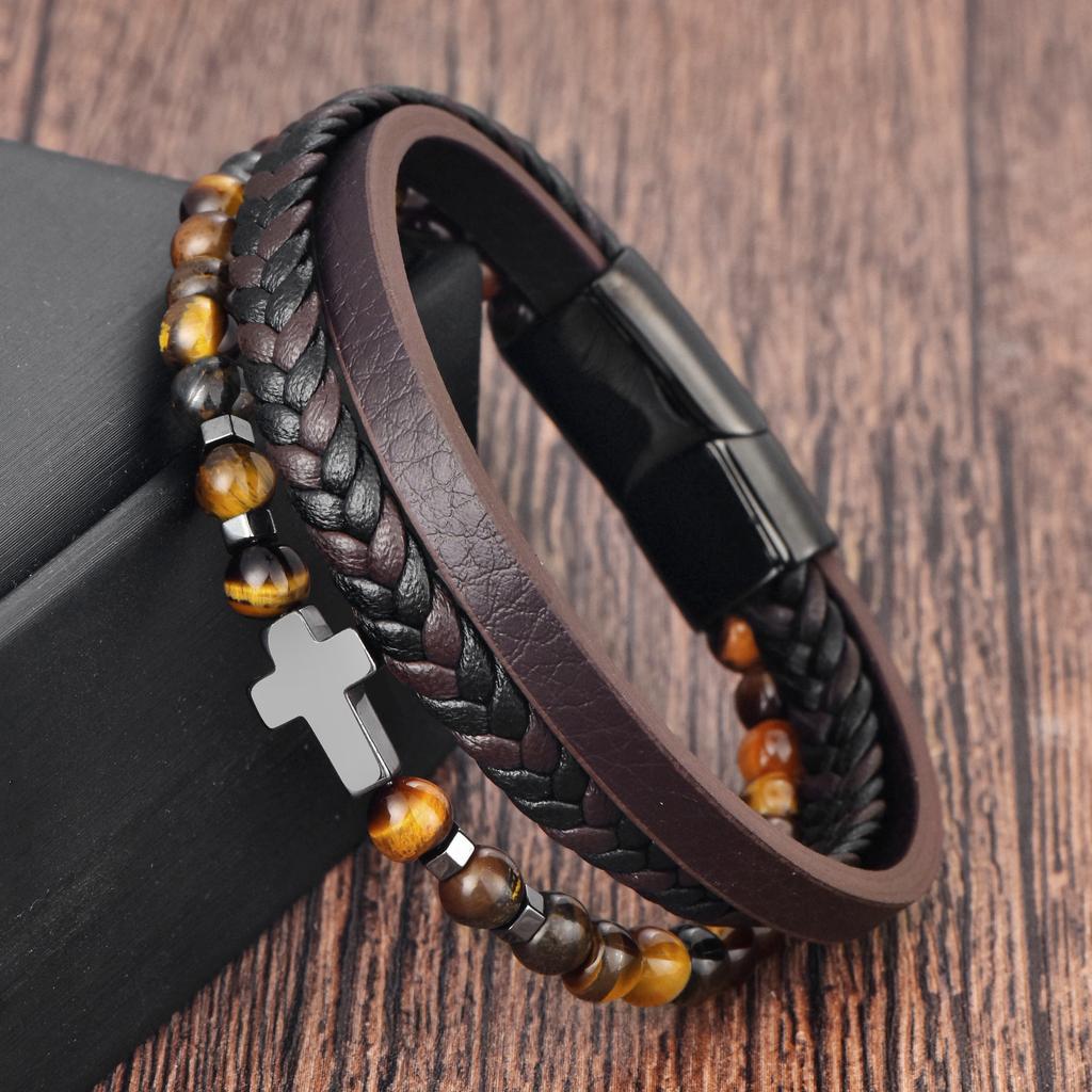 Cross Leather Rope Cowhide Men's Double Layer, Natural Stone Woven Bracelet Handmade Multilayer Leather Bracelet
