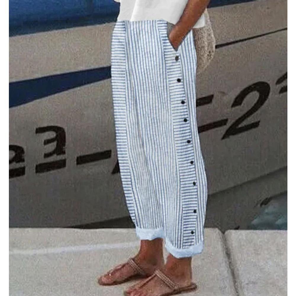 Женские повседневные брюки с эластичной резинкой на талии, широкие спортивные штаны с карманами, свободные рабочие брюки с полосатым принтом на пуговицах сбоку