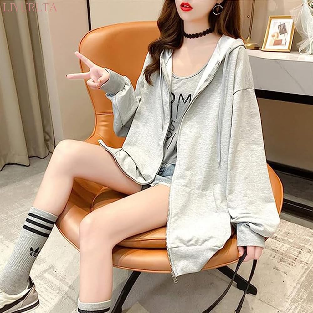 LIYURLTA Oversized Loose Flattering Long Harajuku Korean LIY38 Women's Hoodie, Fit, Sweatshirt, Lightweight, Casual, Zip-Up Hoodie, Sleeve, Coat,