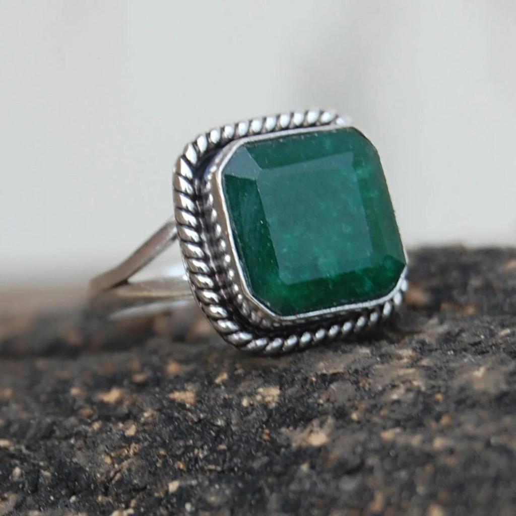 Square Raw Emerald Sterling Silver Ring: Faceted Birthstone Jewelry