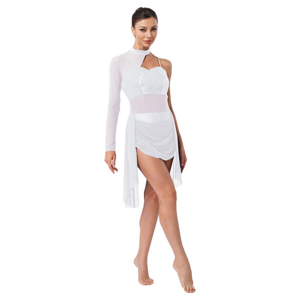 Женский лирический костюм для танца Водолазка Регулируемые бретели-спагетти На одно плечо Один рукав Леотард с пайетками