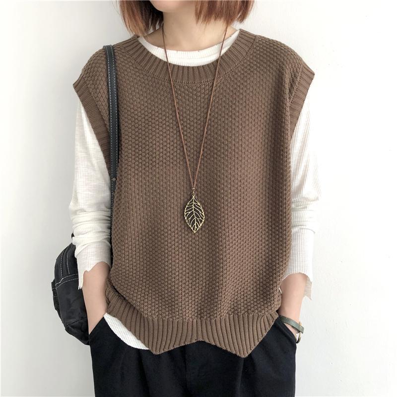 Fashion Knitted Vest Women's Clothes 2024 Autumn Solid Color Loose Round Neck Irregular Pullover Short Vest Outside The Waistcoat Winter